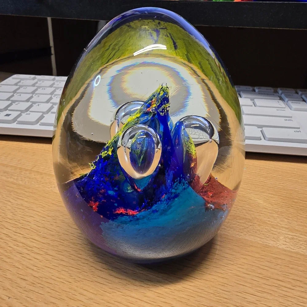 Vintage Art Glass Egg Paperweight Blue Yellow Red Controlled Bubble Swirl 3.75in